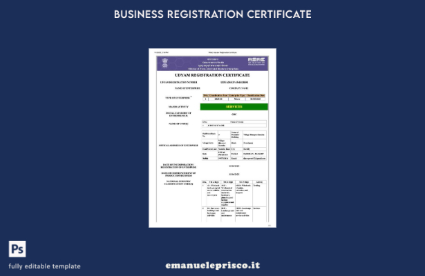 stile verificato Certificato di registrazione India Udyam Modello Word e PDF,  2